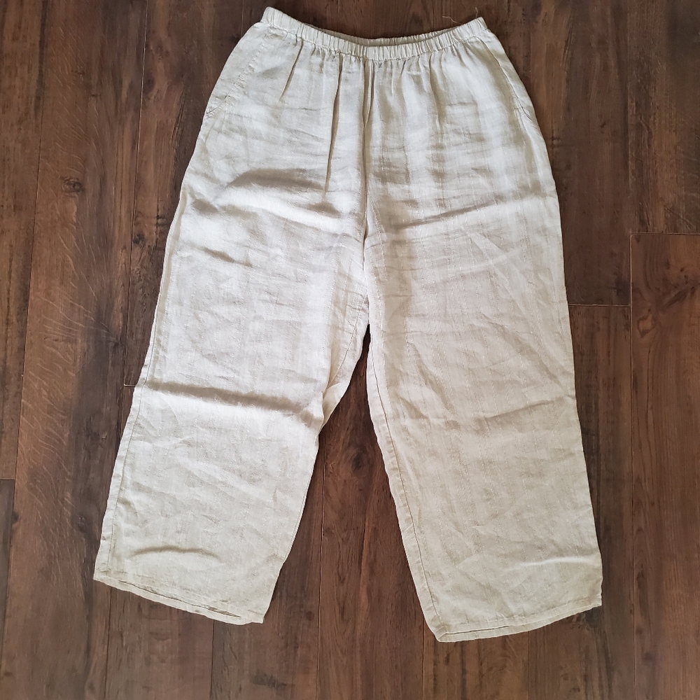 FLAX 100% Light Beige Linen Wide Leg Cropped Pants